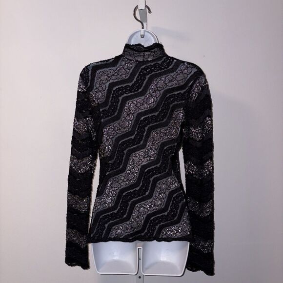 Vtg Y2K Cache Black Silver Metallic Sheer Stretch Lace Top High Neck Size Large - Picture 6 of 9